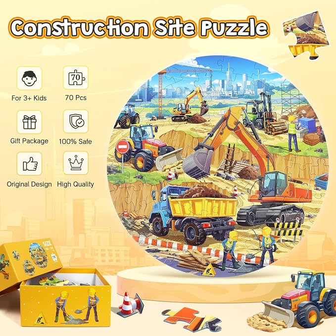 Floor Puzzles for Kids Ages 4-6, Large 70 Piece Construction Puzzles for Kids Ages 6-8 with Excavator Bulldozer Forklift Dumper Truck, Building Site Educational Toy Gifts for Boys Girls Children