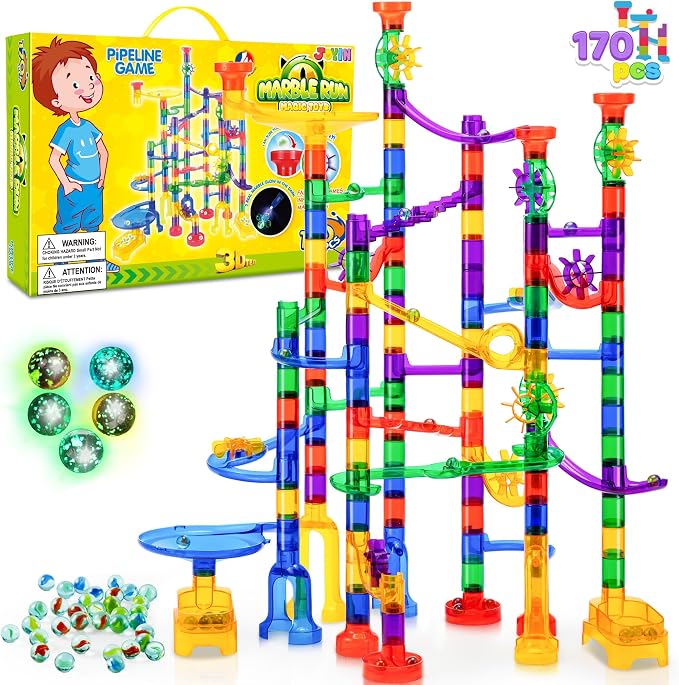 JOYIN 170Pcs Glowing Marble Run, Construction Building Blocks Toys with 5 Glow in The Dark Glass Marbles, STEM Educational Building Block Toy, Birthday Gifts, Easter Basket Stuffers