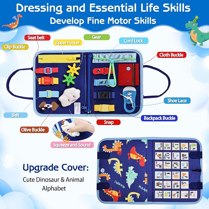 Esjay Toddler Busy Board Montessori Toys for Boys, Sensory Book Educational Activities for Learning Fine Motor Skills, Birthday Gifts for Boys Toddlers, Travel Toys for Airplane Car, Blue Dinosaur