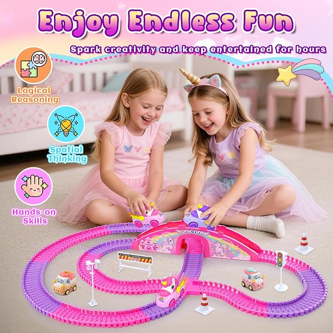 Aetyni Girls Toy Unicorn Car Track Set for Kids 4-6: Unicorn Monster Truck Race Track with 2 Princess Cars 3 4 5 6 7 8 Year Old Toddler Girl Birthday Gifts Girl Toys Age 4-5 6-7