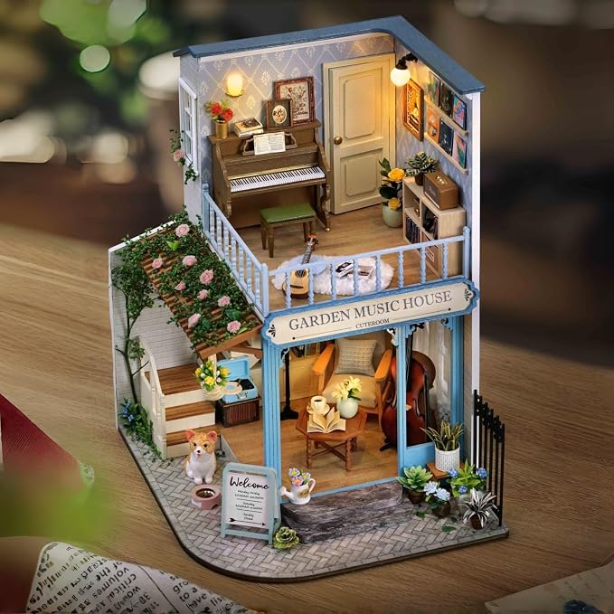 TuKIIE DIY Miniature House Kit with Furniture, 1:24 Scale Creative Room Wooden Mini Dollhouse Plus Dust Proof & Music Movement for Kids Teens Adults(Symphony of Bliss)
