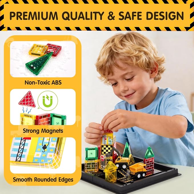 hahaland Mini Magnetic Tiles Travel Road Construction Toys Magnetic Building Blocks with Engineering Vehicles Trucks Case 2-in-1 Road-Themed Box Montessori Birthday for 3-6 Year Old Toddler
