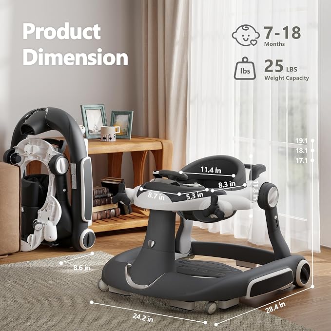 Kinder King 8-in-1 Baby Walker with Music & Lights, 3 Level Adjustable Height, Foldable Toddler Walker with Speed Adjustable Wheels, Easy to Clean, Baby Walkers for Boys & Girls 6-18 Months