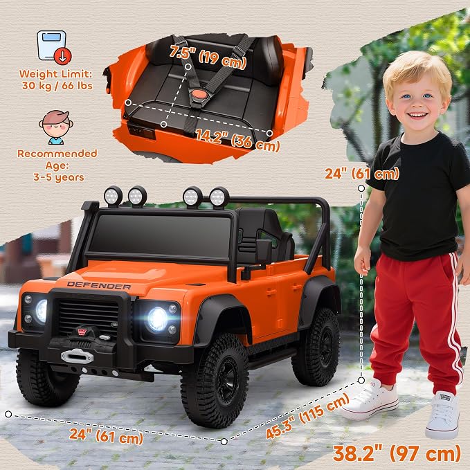 Qaba Land Rover 110SVX Licensed Electric Car for Kids, 12V Battery Powered Kids Ride On Car with Remote Control, Dual Motors, Spring Suspension, LED Lights, 3 Speeds Ride On Truck, Orange