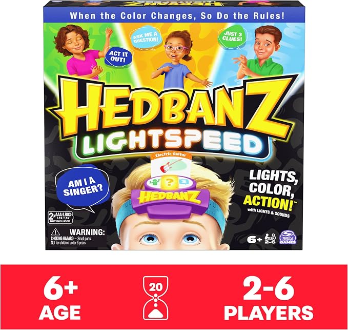 Spin Master Games, Hedbanz Lightspeed with Lights & Sounds, Classic Hedbanz with an Electronic Twist, 2-6 Players, Kids Games, Games for Family Night, for Ages 6 & Up