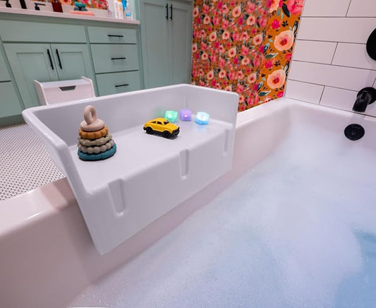 Tub Topper® Mini Bathtub Splash Guard for Kids - Compact Bath Splash Guard & Tub Play Shelf - Easy to Remove, Store & Clean - Patented Lip Design, Non-Silicone, BPA-Free, Made in USA (White)