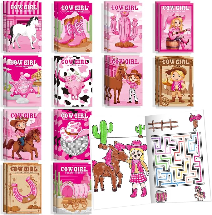 BenLouis 24 Pcs Cowgirl Mini Coloring Books Kids Western Girl Party Favors Small Activity Books Bulk for Kids Wild West Horse Birthday Goodie Bags Stuffers Return Gifts Classroom Travel