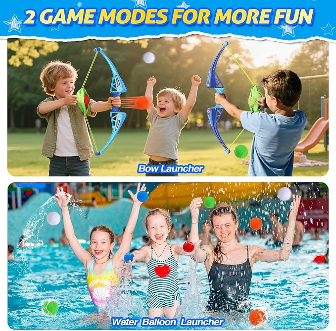 SUPER JOY Reusable Water Balloons Water Toys for Kids, 2 PCS Water Balls Bow Launcher With 25 Reusable Water Balls for Outdoor Toys, Pool Beach Yard Water Bomb Summer Water Toy for Boys and Girls