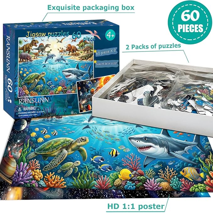 Puzzles for Kids Ages 4-6 6-8, 60 Piece Puzzles for Kids, Jigsaw Puzzles Toddler Learning Educational Toy Set - Ocean, Dinosaur & Space, Kids Puzzles Ages 5-8 Toys Gifts for Boys Girls(2 Packs)