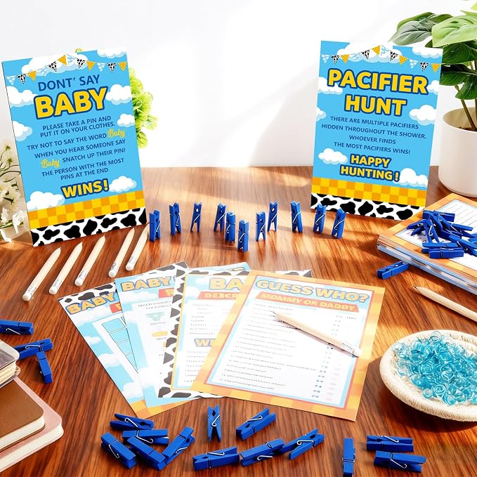 327 Pcs Cartoon Story Baby Shower Game Supply for Girl or Boy Include 200 Activity Card 25 Pencil 1 Don't Say Baby Sign 50 Clothespin 1 Pacifier Hunt Sign 50 Pacifier for Price Is Right Party Decor