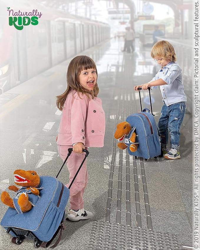 【Upgraded】Toddler Luggage for Boys w Removable Dinosaur Toy | Side & Inner Pockets, Reflective Logo, Name Tag | Kids Rolling Backpack | Travel & Birthday Gifts for 3 4 5 6 Year Old