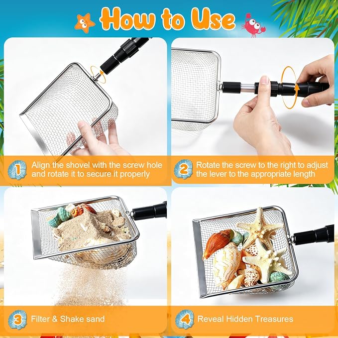2 PCS Beach Mesh Shovel Sand Sifters, [50% Larger] Summer Enlarged Shark Tooth Sifter for Shell Collecting, Filter Sand Scooper Beach Tools for Adults and Kids