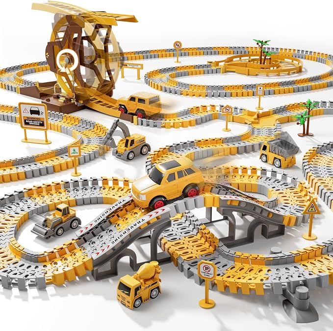 iHaHa 299 PCS Construction Race Tracks Boys Toys, 6 PCS Engineering Cars and Flexible Race Track Playset Create A Engineering Road Gifts Toys for 3 4 5 6 Year Old Boys Kids