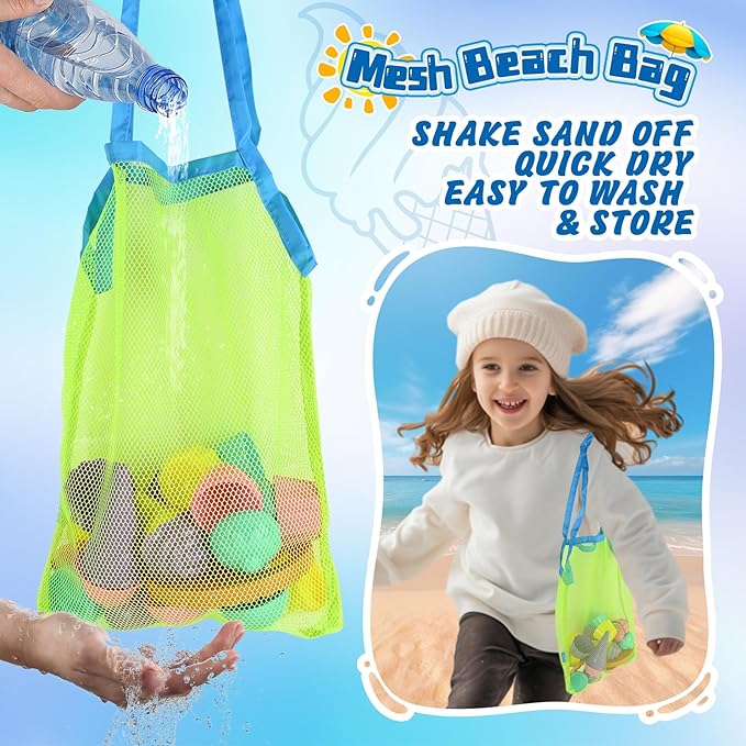 SupMLC Beach Toys Ice Cream Sand Toys - Toddlers Beach Essentials for Kids Girls Boys, Sand Molds, Shovels with Collapsible Mesh Bag, Travel Sand Box Toys for Beach, Party, Bath Toys Pretend Play