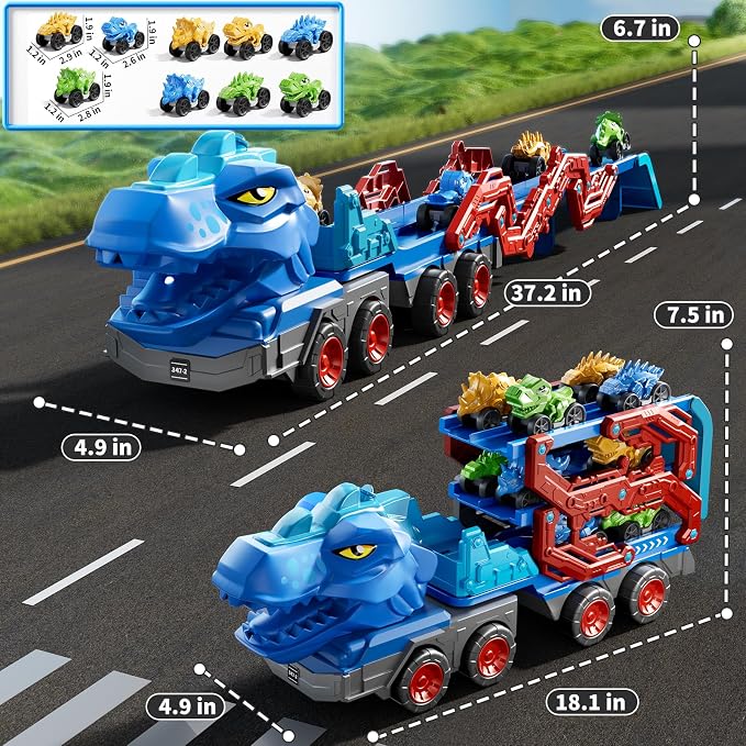 PEADUCK Toddler Car Truck Toys for Kids Ages 3-5, 10-in-1 Dinosaur Carrier Truck with Foldable Track Toys with Spray, Light & Sounds and 9 Dino Cars, Birthday Gift for 3 4 5 6 7 8 Years Old Boys Girls