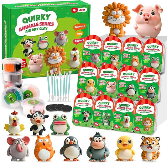 Kasfalci Air Dry Clay Kit for Kids, 12 Animals Modeling Clay, Model Magic Arts & Crafts for Kids Ages 4-6-8-12, Ultra Light & Soft, Safe & Non-Stick with Sculpting Tools & Tutorials, DIY Party Favors