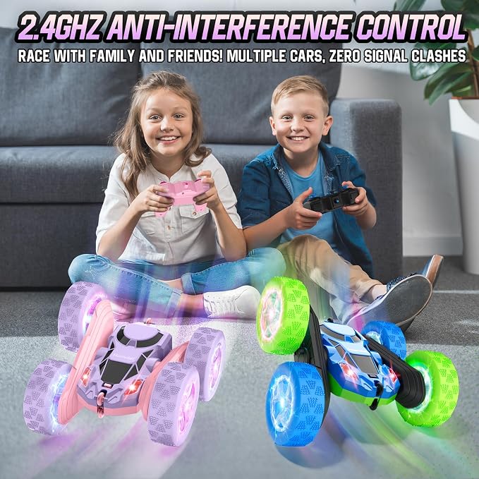 Hamdol Remote Control Car, Double Sided 360°Rotating 4WD RC Cars, with Sparkling LED Wheels, 2.4GHz Electric Race Stunt Toy Car, Rechargeable Toy Cars for Boys Girls Birthday Valentines Gift