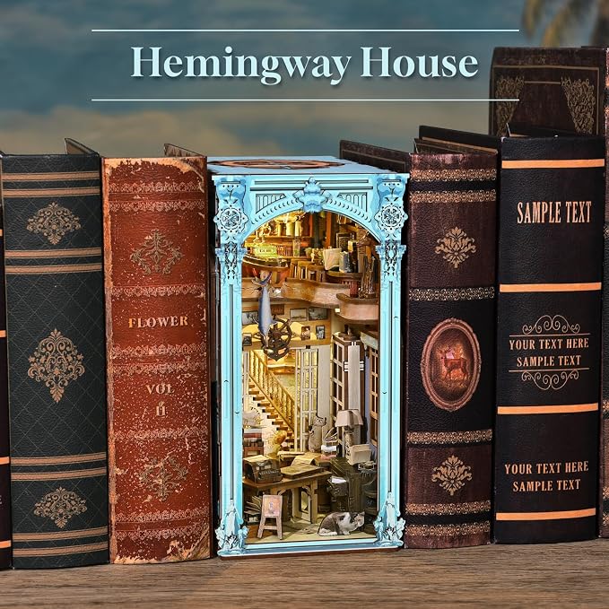 CCCDF DIY Book Nook Kit, Miniature Dollhouse Booknook Kit, 3D Wooden Puzzle Bookend Bookshelf Insert Decor with LED Light for Teens and Adults (Hemingway House)