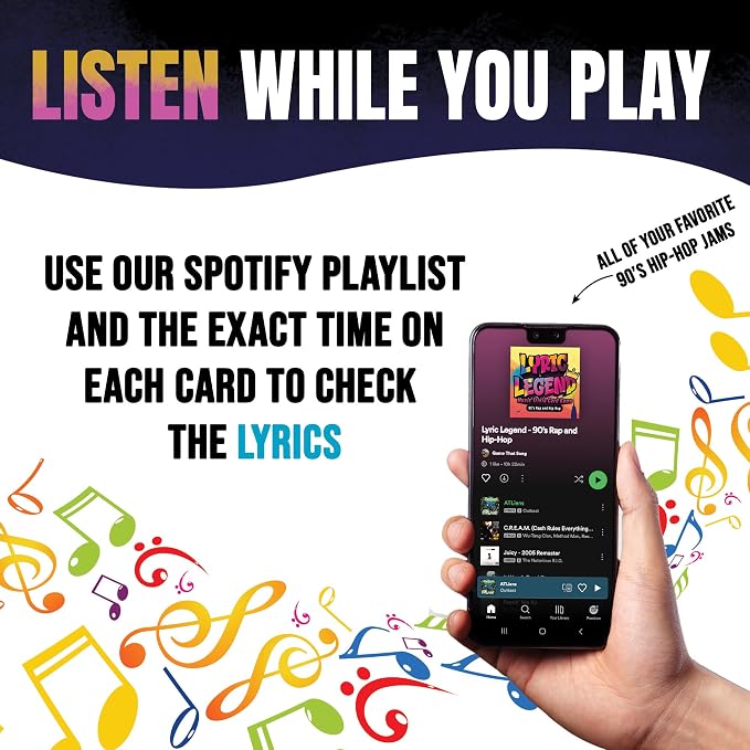 Lyric Legend 90s Hip-Hop and Rap Music Trivia - Adult Games for Game Night - Good for Groups – Finish The Lyrics Party Game - Multiple Choice, Listen While You Play with Included Playlist!
