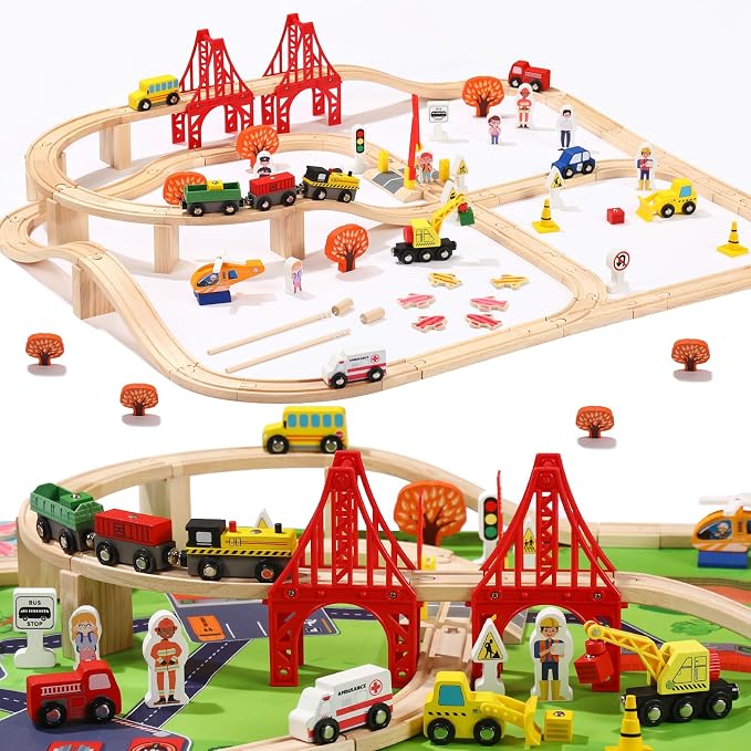 100 Pcs Wooden Train Track Set, Toy Train with Tracks for Kids Ages 3-10, Compatible with Major Brands, Railway Playset for Boys and Girls Birthday Gift