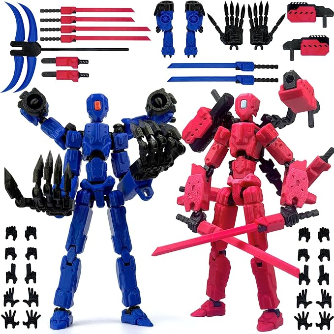 T13 Assembly Completed Action Figure Set, Multi-Jointed Movable 3D Printed Robot Toy, Cool Desktop Decoration Collectible Gift for Game Lovers (Blue and Pink)