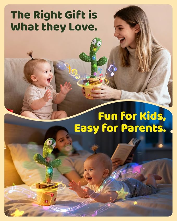 TWORIVER Adjustable Volume Dancing Talking Cactus Toy for Baby Toddler, Boys Girls Gifts Singing Mimicking Recording Repeating What You Say Baby Toys with 120 English Songs