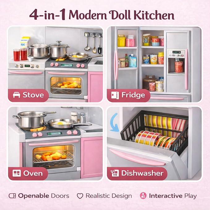 Doll Kitchen Playset for Kids, My Modern Mini Kitchen House Furniture Pretend Play Toy Accessories Set with Realistic Lights & Sounds for Toddlers, Girls (4-in-1)