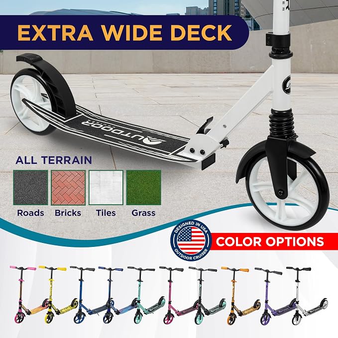 Outdoor Cruiser Kick Scooter for Ages 6+, For Kids, Teens, and Adults, Max Load 250 LBS, Foldable, 8-inch Wheels for Kids and Adults, Dual Suspension, 3 Adjustable Levels, Child Safety Approved, White