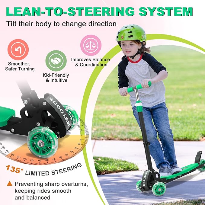 Scooter for Kids 3-5 5-7,Light up 3 Wheels Kick Scooter,Heavy Duty Folding Lean-to-Steer Scooters with 3 Adjustable Handlebar for Boys Girls,Widen Anti-Slip Deck,Rear Break,Holds up to 150Lbs