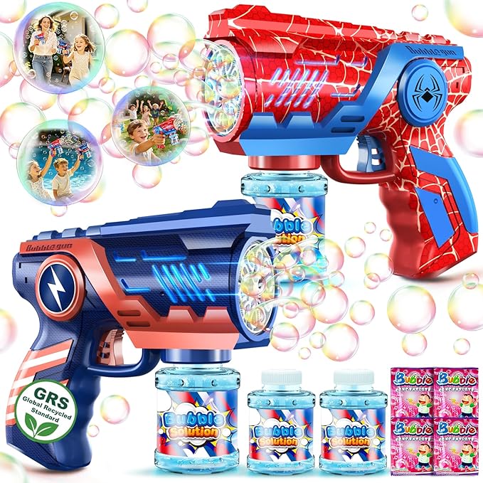 Bubble Gun Machine Toys for Kids: 2 Pack Bubble Blower with 2 Bottles Refill Solution - Bubble Blaster for 3 4 5 6 7 8 Year Old Boy Girl Kids, Summer Outdoor Toy for Easter Birthday Wedding Party Gift