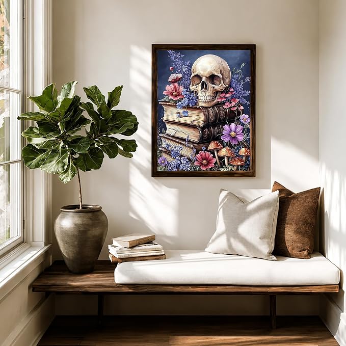 CHWGLFGG 5D Full Round Drill Diamond Painting Kit for Adults, Vintage Skull Old Books Wild Flower Mushroom Diamond Art Canvas, DIY Paint by Diamonds Dot Gem Craft 12x16 Inch for Home Wall Decor