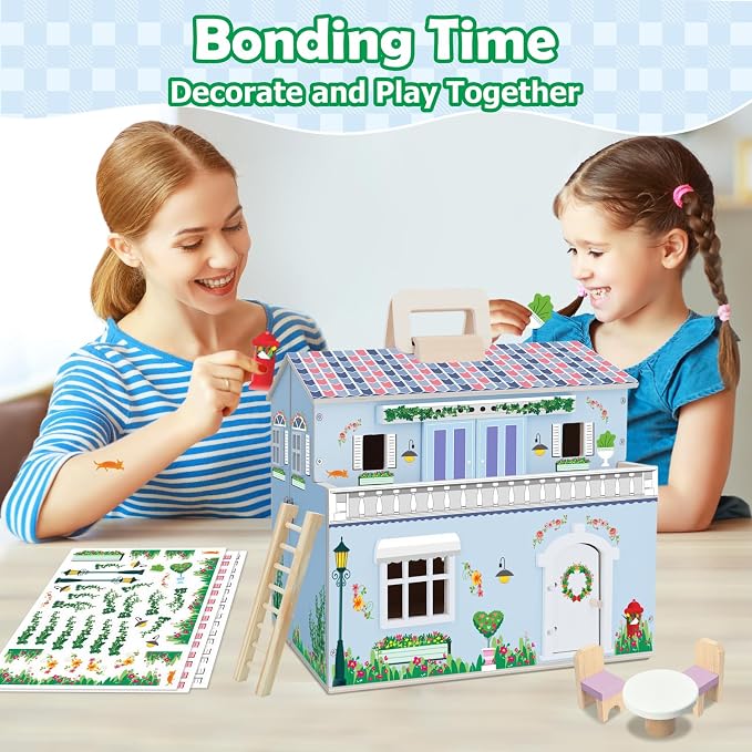 SIMPLIPLAY DIY Portable Wooden Dollhouse, Pretend Play Doll House Set with 4 Rooms, 13 Furnitures, 2 Dolls, 3 Sticker with 2 Styles, 1 Wooden Ladder, Doll House for 3+ Year Old Kids Boys Girls Gift