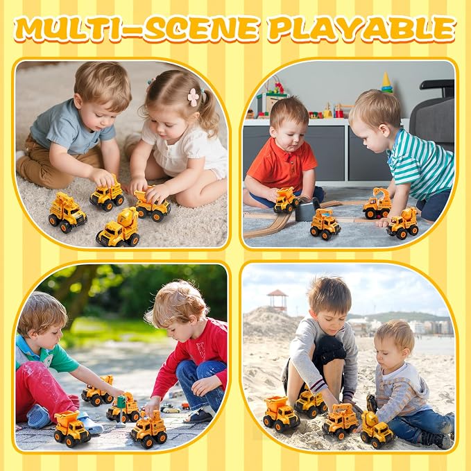 Construction Truck Toys for Toddlers 1-3, Push and Go Toy Vehicles Set with Mixer, Dump Truck, Excavator, Bulldozer, Friction Powered Cars for Boys and Girls, Gift for 2 3 4 5 Year Old Kids
