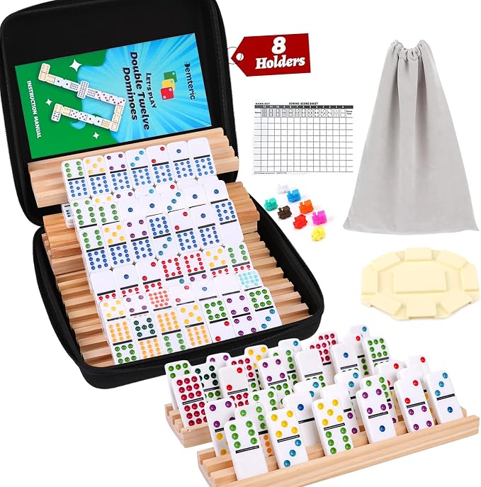Mexican Train Dominoes Set Double 12 Dot Domino Tiles, 91 Tiles with 8 Wooden Racks, Hub & Trains, Portable Domino Game Set for Adults Kids Families