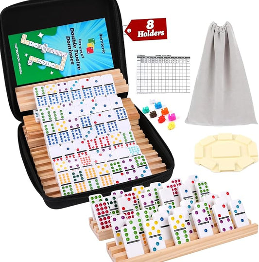 Mexican Train Dominoes Set Double 12 Dot Domino Tiles, 91 Tiles with 8 Wooden Racks, Hub & Trains, Portable Domino Game Set for Adults Kids Families