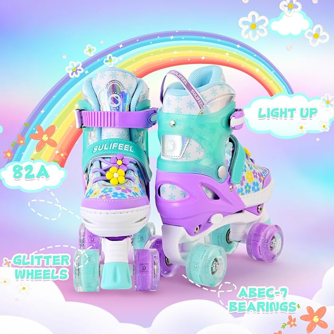 SULIFEEL Rainbow Unicorn 4 Size Adjustable Roller Skates for Girls Boys for Kids Ages 3-5 5-8 6-12 Children Skates Indoor Outdoor