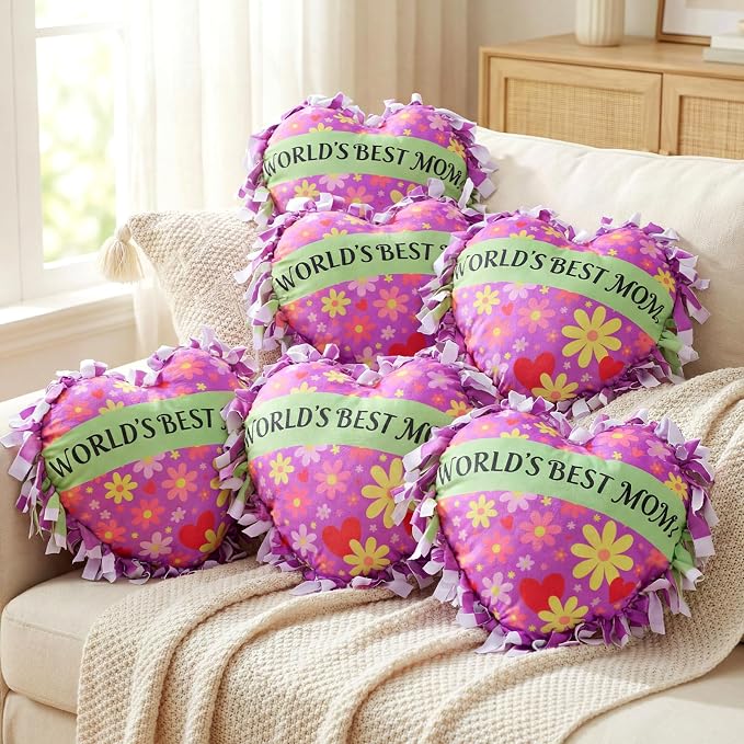 Weysat 6 Sets Mother's Day Heart Tied Pillow Craft Kit DIY World's Best Mom Pillow Craft Gifts with PP Cotton Flower Love Heart Cushion Covers for Love Grandma Wife Mother's Day Party Decor
