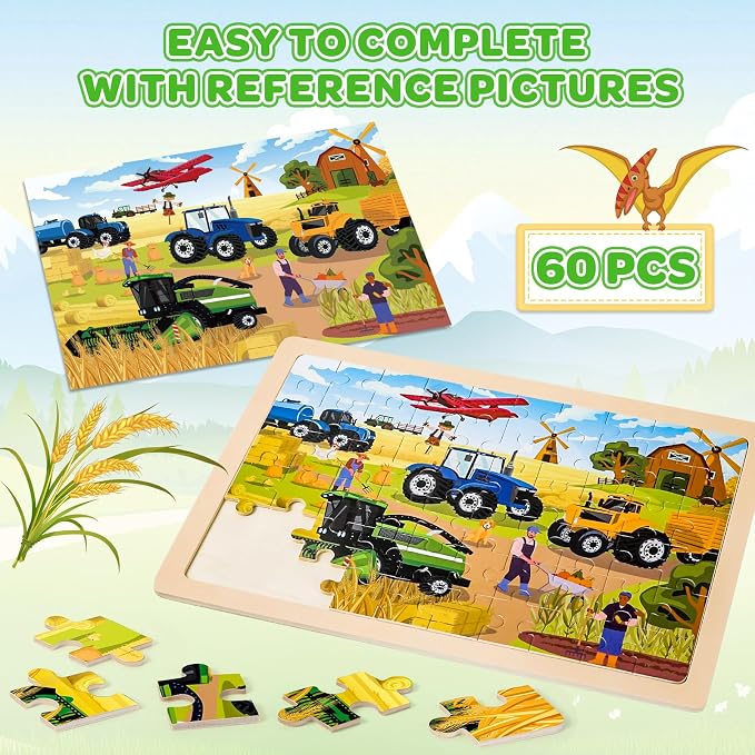 Wooden Puzzles for Kids Age 3 4 5 Year Old, 6 Pack 60 Pcs Toddler Jigsaw Puzzles for Girl Boy Animals Space Activities Preschool Learning Educational Birthday Gift Travel Autistic Wooden Toys