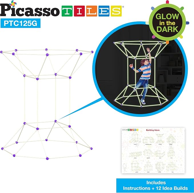 PicassoTiles Glow-in-The-Dark Indoor Outdoor Tunnel Tent Kids Fort Building Kit Playhouse for Boys & Girls Ages 3+ STEM Construction Toy Creative, Imaginative Play, and Problem Solving Skills PTC125G
