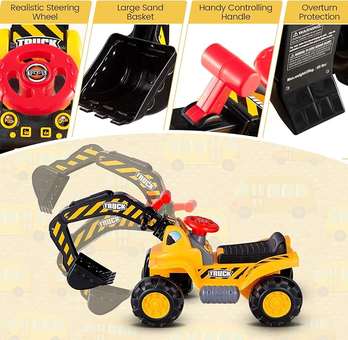 Costzon Kids Ride on Construction Excavator, Kids Digger Scooper Tractor Toy W/Safety Helmet, Rocks, Horn, Underneath Storage, Moving Forward/Backward, Push Car Gift for Boys Girls (Push Excavator)