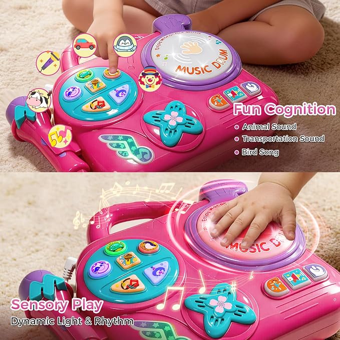 Kids Karaoke Machine with Microphone: Toddler Music Player & Light-Up Drum - Sound Toy with Handle for Boys Girls 3+, Pink