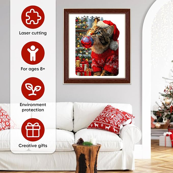 MEATRN Christmas Hat Cat Jigsaw Puzzles - 490 Pcs Handmade Wooden Puzzle with Unique Shapes, Stress Relief & Educational Fun, Family Game Night 13.4×18.3 Inch, Best Gift for Friends