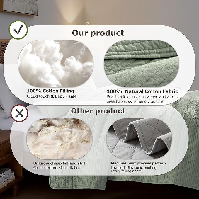 palassio Striped Sage Green 100% Cotton Quilt Twin Size Bedding Sets, Lightweight Crinkly Channel Pick Stitch Textured Bedspread Soft Shabby Chic Farmhouse Country Coverlet for All Season, 1 Sham