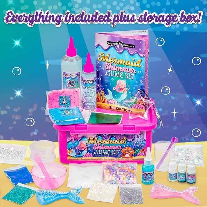 Original Stationery Mermaid Slime Kit for Girls Ages 7–12, DIY Glow-in-The-Dark Slime Set with Shimmer, Foam Beads & Glitter Add-Ins, Fun Creative Craft Activity, Birthday Gift for Kids