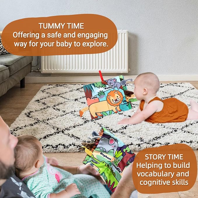 Soft Baby Books, Tummy Time Cloth Travel Toys 0-6 Months Touch Feel Sensory Book Jungle Tails for Babies Girl 3-6 6 to 12 Month Old 0-3-4-5-6-7-8-9 Newborn Infant Boy Must Haves Birthday Gift