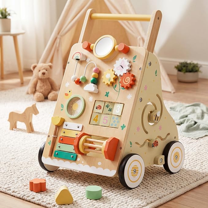 Wooden Baby Push Walker with 9-in-1 Activity Center for Boy Girl 1Y+ | Push Walker with Wheels for Toddler Infant Learn to Walk & Sit-to-Stand, First Birthday Toy Gift for 1-3 Year Old
