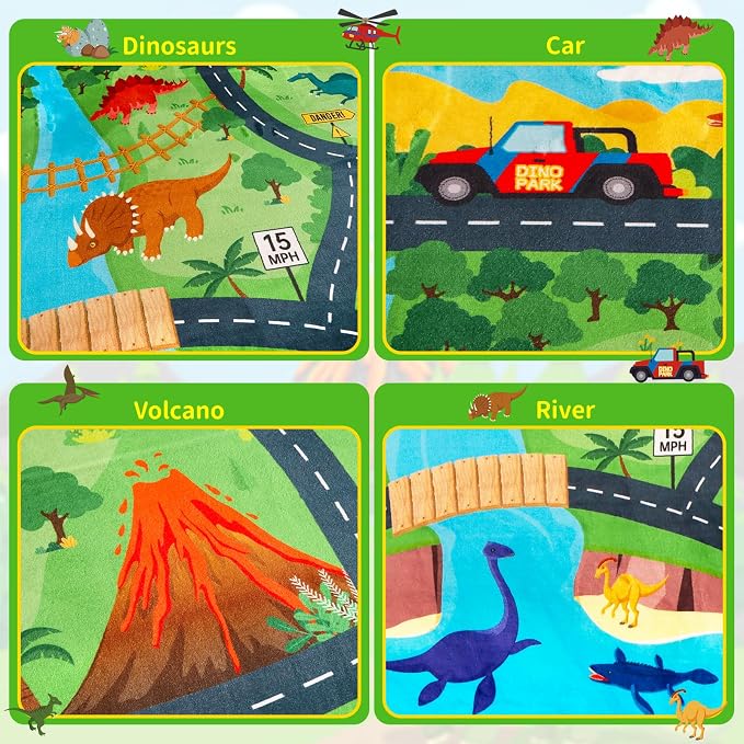 Car Rug Play Mat,4'11" x 6'7" Dinosaur Park Road Car Mat for Kids,Non-Slip Dino Car Track Rugs for Kids Toy Cars,Educational Kid Road Playmat Rug for Playroom Bedroom Kid Room(for Age 2+)