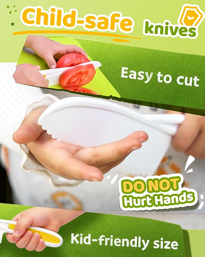 Kids Knife Set for Real Cooking, 5 Pcs Kid Safe Plastic Kitchen Knife Set with 3 Knives and 2 Cutting Boards, Montessori Cooking Set for Kids