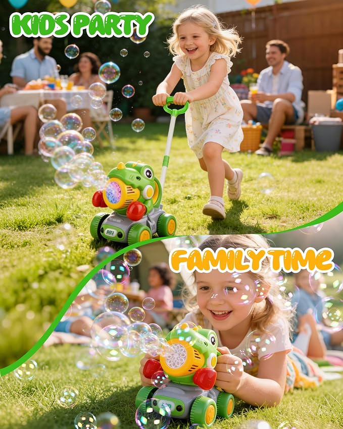 Dinosaur Bubble Lawn Mower for Toddlers, Rechargeable Automatic Bubble Blower with Lights,Handheld and Push 2 in1 Bubble Blower for Kid, Perfect for Party Favors and Activities for Girls and Boys