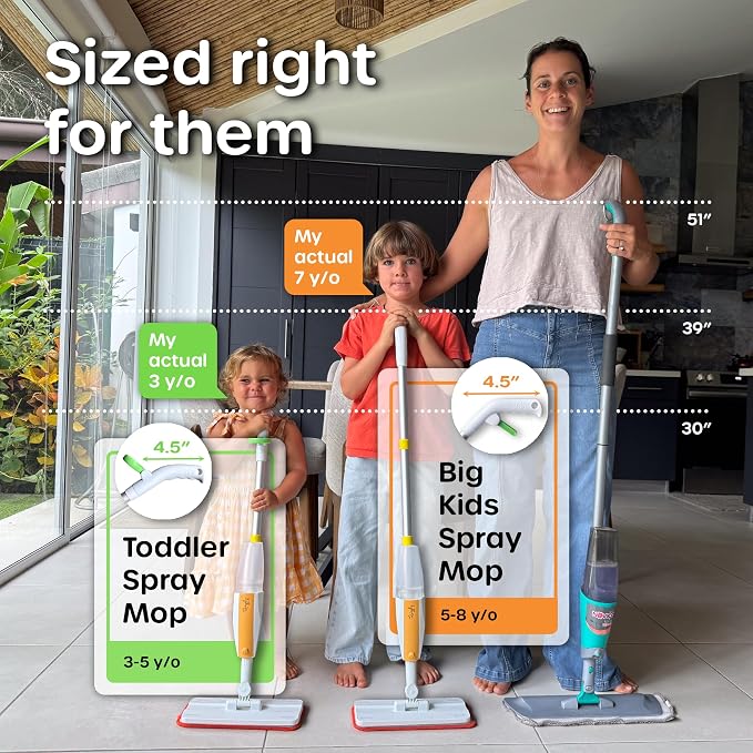 Quiggly Big Kid Toy Spray Mop - Montessori Real Water Sprayer, Ages 5-8 | One-hand squeeze & spray, make pretend cleaning chores functional